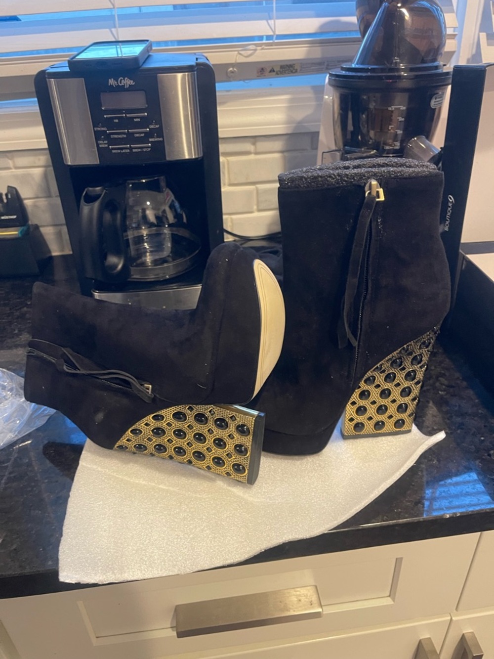 Black Suede Ankle Booties with Decorative Gold Block Heel